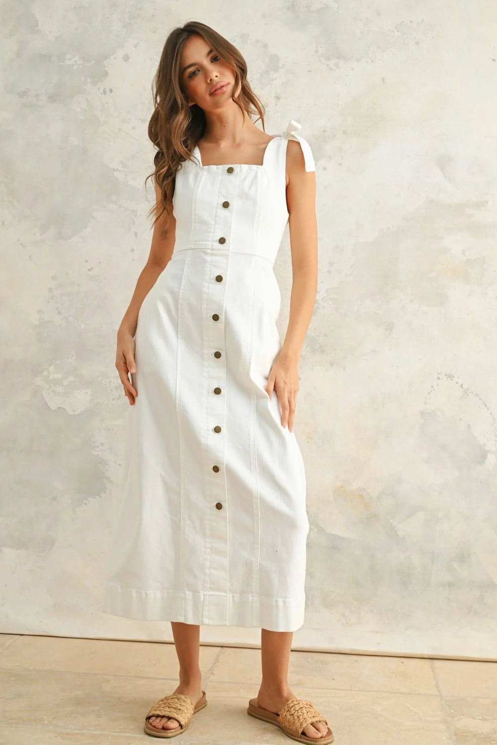 White sleeveless button-down stretch midi dress made from cotton-spandex blend