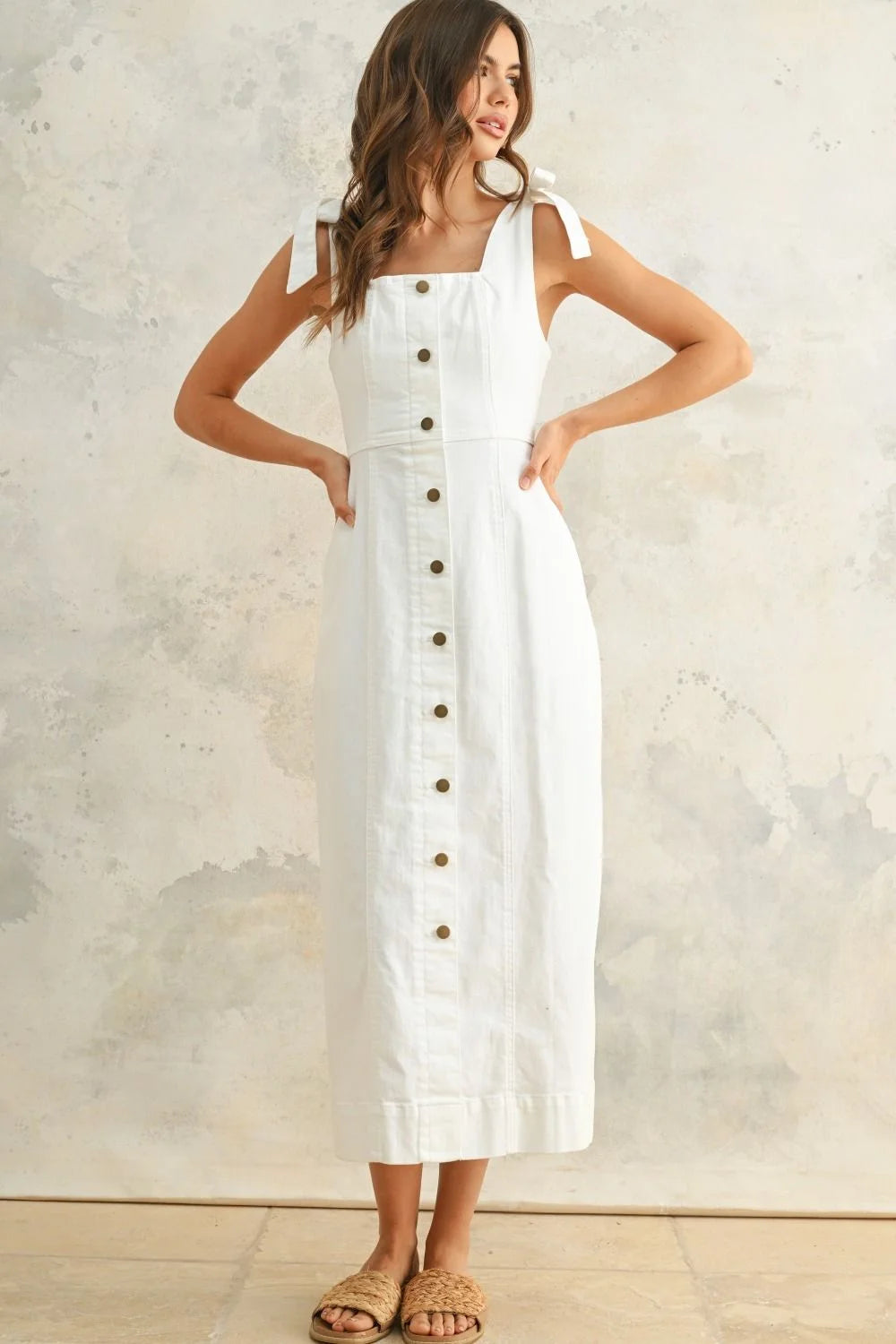 White sleeveless button-down stretch midi dress made from cotton-spandex blend