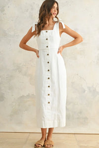 White sleeveless button-down stretch midi dress made from cotton-spandex blend