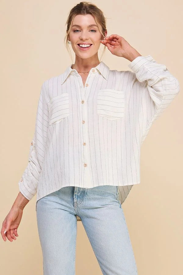 White pinstripe dolman button front shirt with collar and front pockets