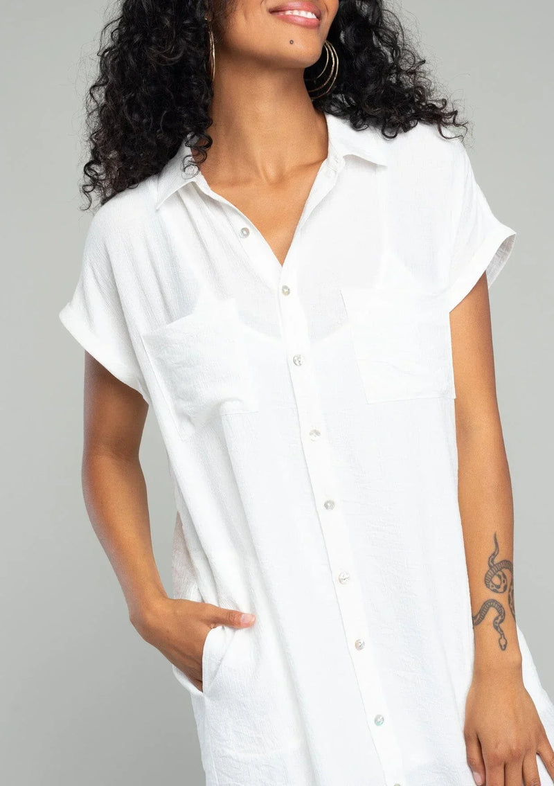 White Button-Up Short-Sleeved Shirt Dress for a Boho Free Spirit Look