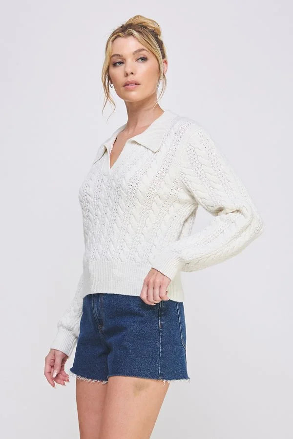 White Soft Cable Knit Johnny Collar Pullover Sweater with Long Sleeves