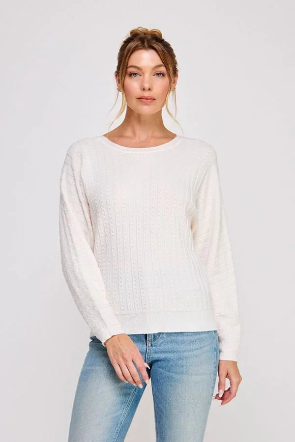 White textured pointelle soft gauge dolman sweater with relaxed fit
