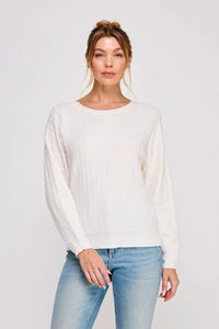 White textured pointelle soft gauge dolman sweater with relaxed fit