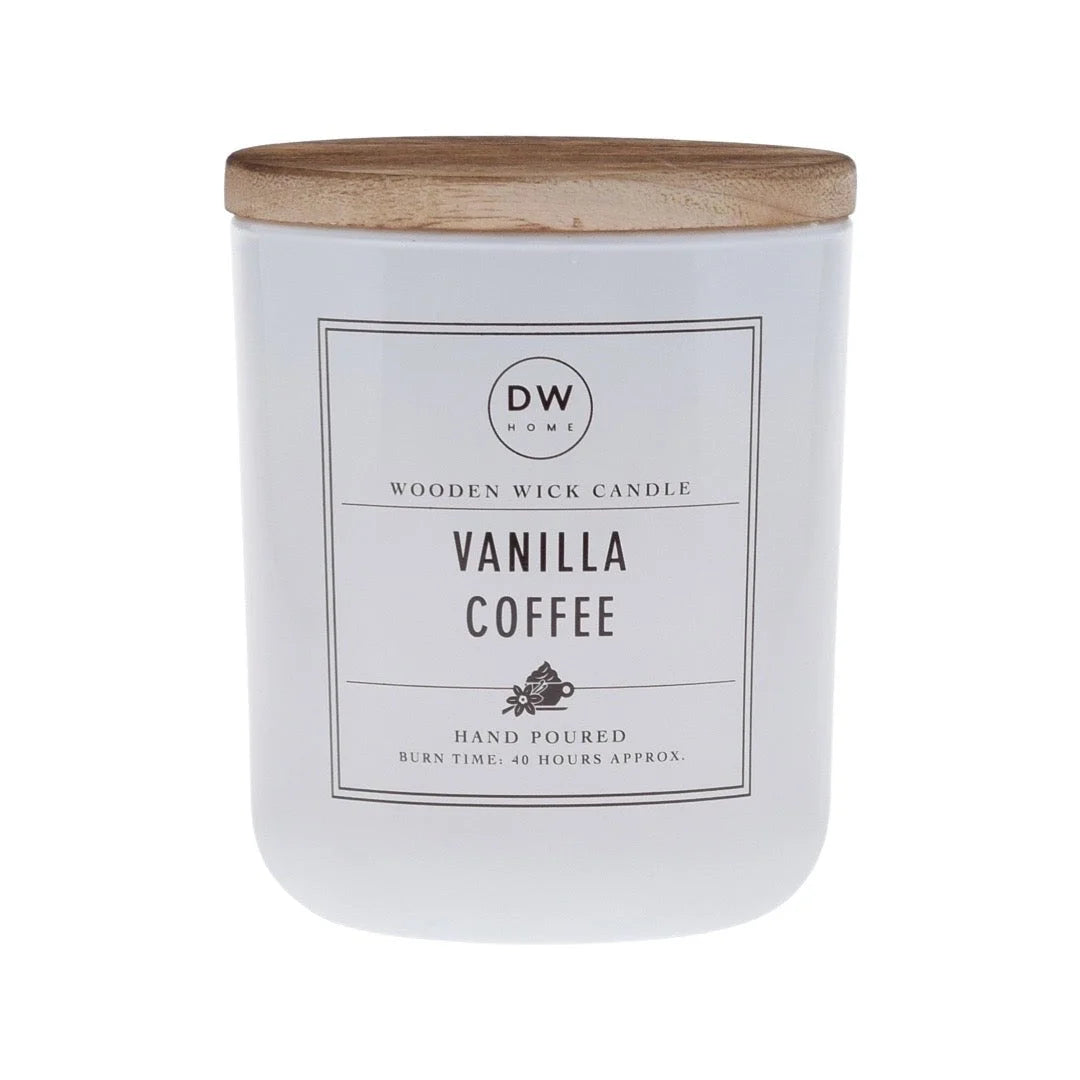 White candle jar labeled Vanilla Coffee with wooden lid, featuring a wooden wick candle