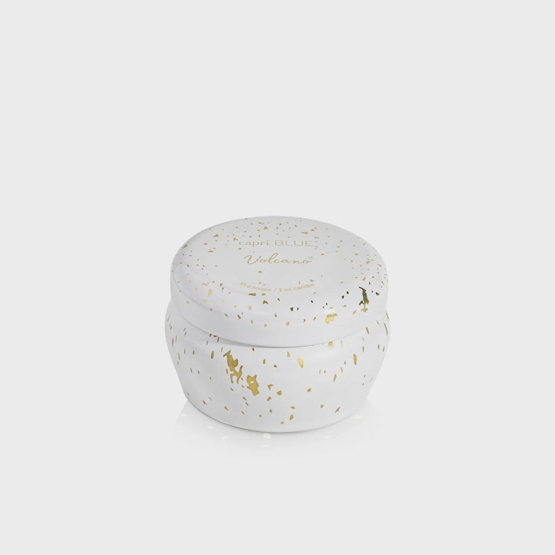 White candle in a round VOLCANO GLIMMER MINI TIN CANDLE with gold speckles