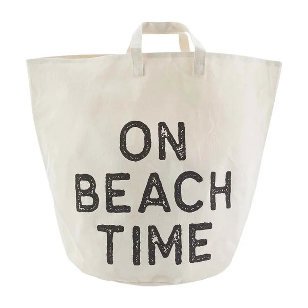 White canvas tote bag with ON BEACH TIME print, perfect for beach time outings