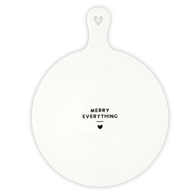 White ceramic cheese tray with Merry Everything and heart design for festive serving