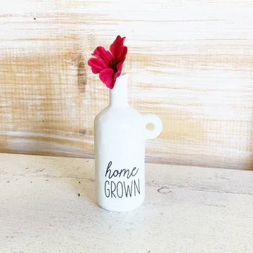 White ceramic bottle with home grown text and red flower in Ceramic Bud Vases Basket