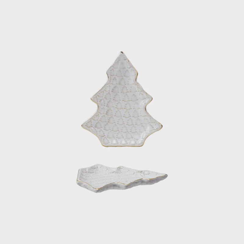 White ceramic Christmas tree shaped plate ornament with textured surface and pointed top