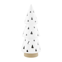 White Ceramic Christmas Tree Lantern with Triangular Cutouts and Wooden Base