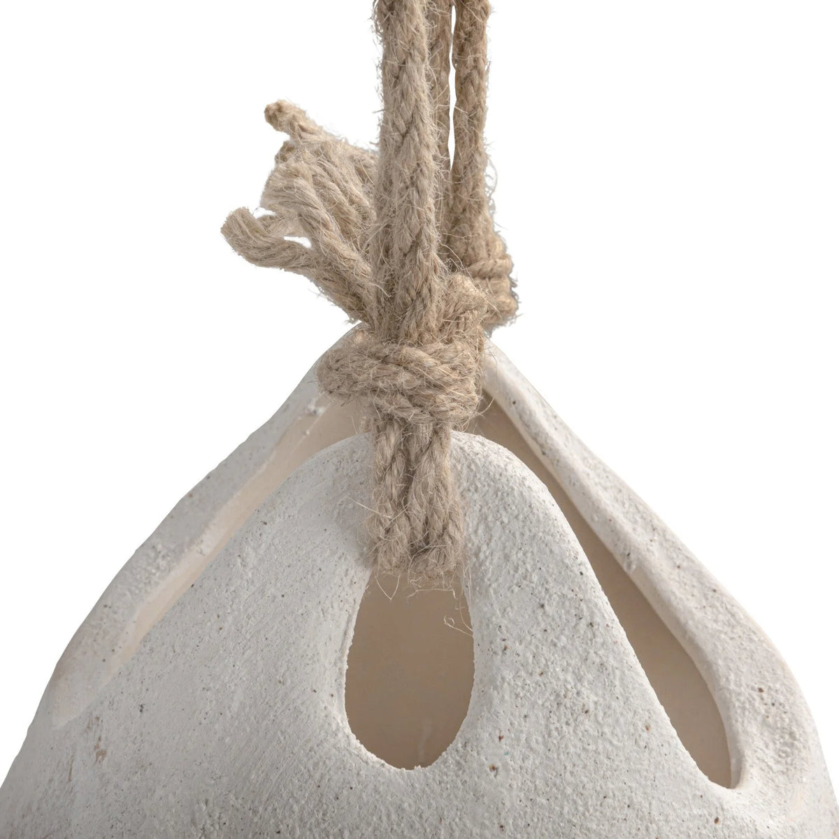 White ceramic bell-shaped coarse stoneware planter with jute rope hanger for indoor decor