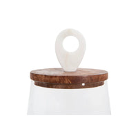 White ceramic glass jar with mango wood and marble lid featuring a teardrop handle