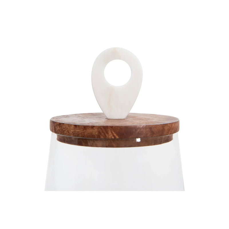 White ceramic glass jar with mango wood and marble lid featuring a teardrop handle