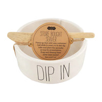 White ceramic server dip bowl with DIP IN text and wooden spoon in dip bowl set