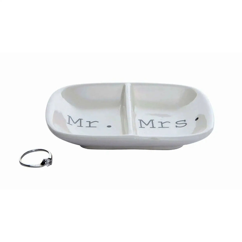 White Ceramic Mr and Mrs Ring Dish with Ring for Elegant Table Settings