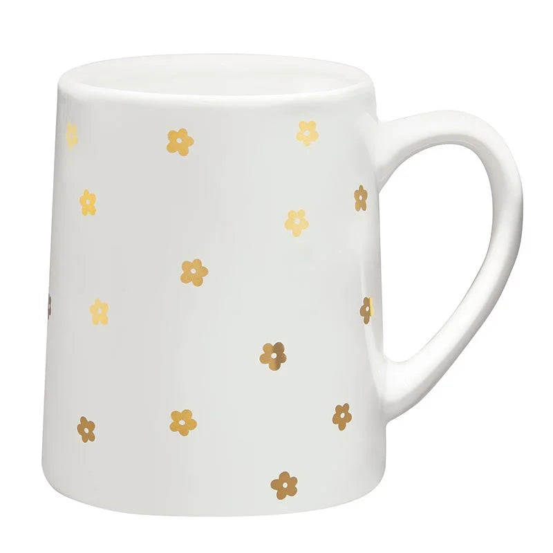 White ceramic ARTISAN TAPERED MUG with gold flower patterns, perfect for a boho free spirit