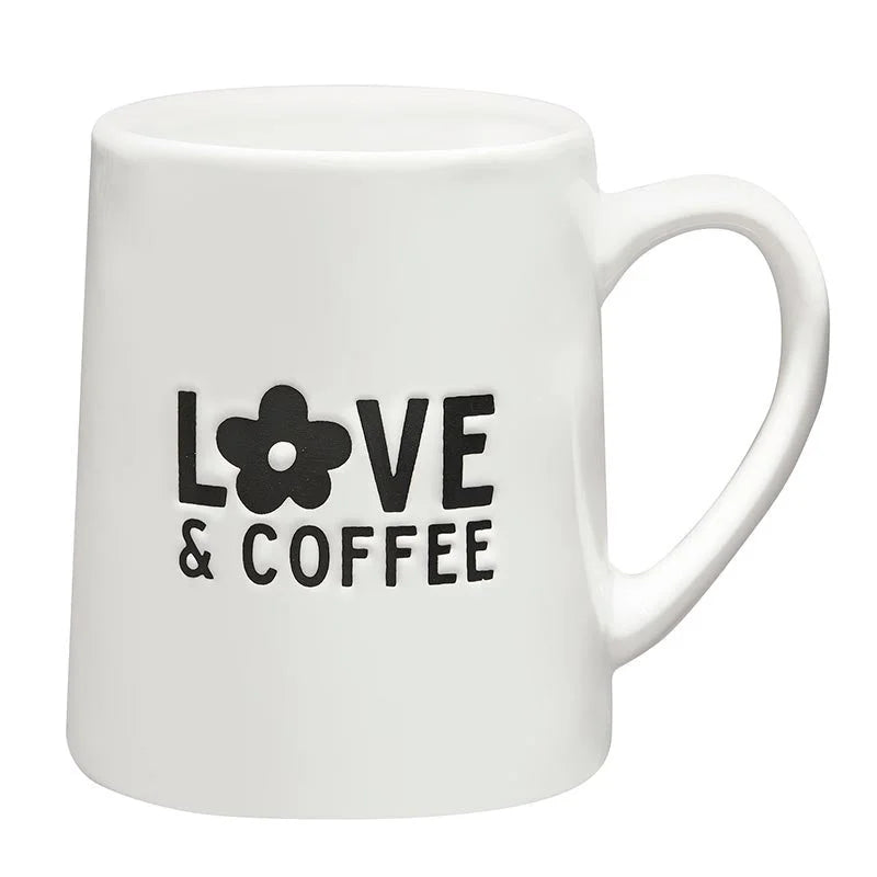 White ceramic ARTISAN TAPERED MUG with LOVE & COFFEE for the flowy, free spirit