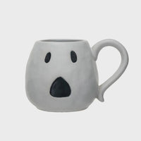 White ceramic Stoneware Ghost Shaped Mug featuring a surprised face design