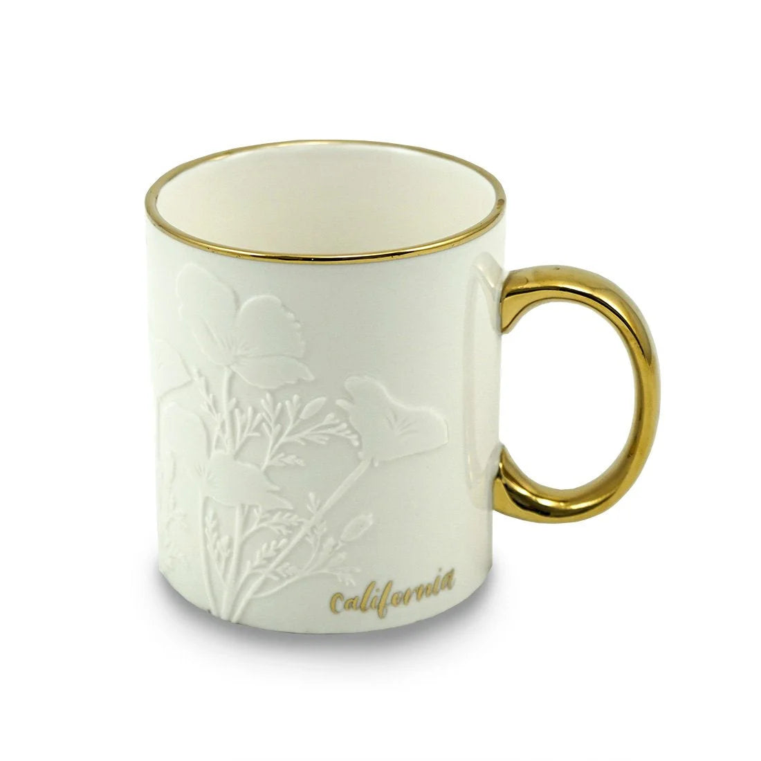 White ceramic California Poppy mug with gold trim and floral design