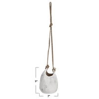 White ceramic hanging coarse stoneware planter with jute rope hanger for stylish decor