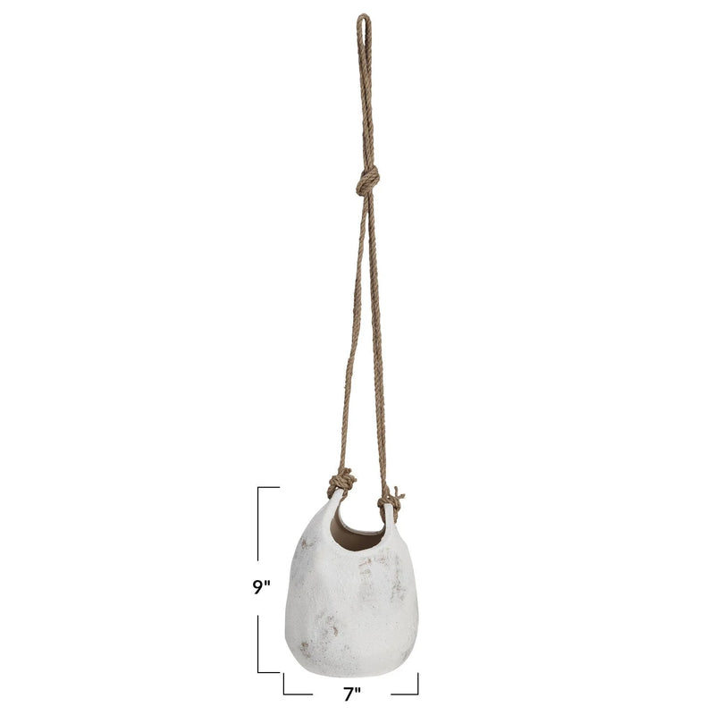 White ceramic hanging coarse stoneware planter with jute rope hanger for stylish decor