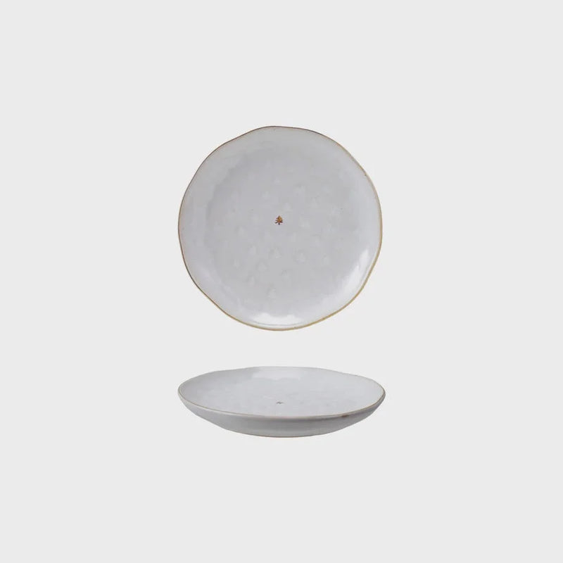 White ceramic debossed stoneware Christmas plate with gold rim and hanging hole