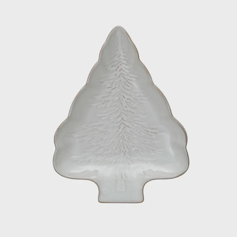 White ceramic stoneware plate with textured pine tree design in festive shape