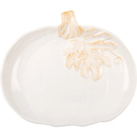 White pumpkin plate with golden leaf accent designed for a boho decor aesthetic