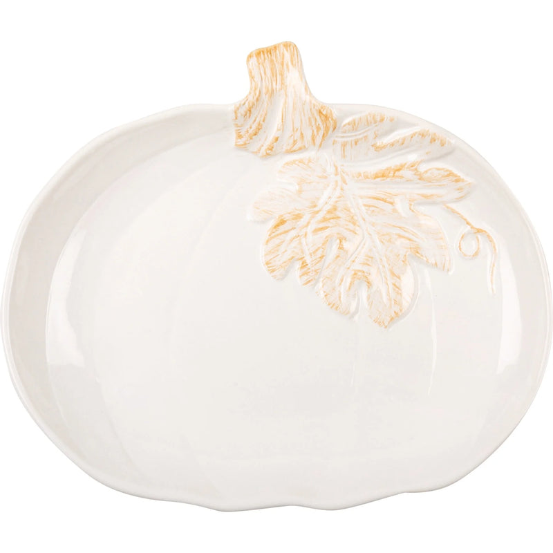 White pumpkin plate with golden leaf accent designed for a boho decor aesthetic