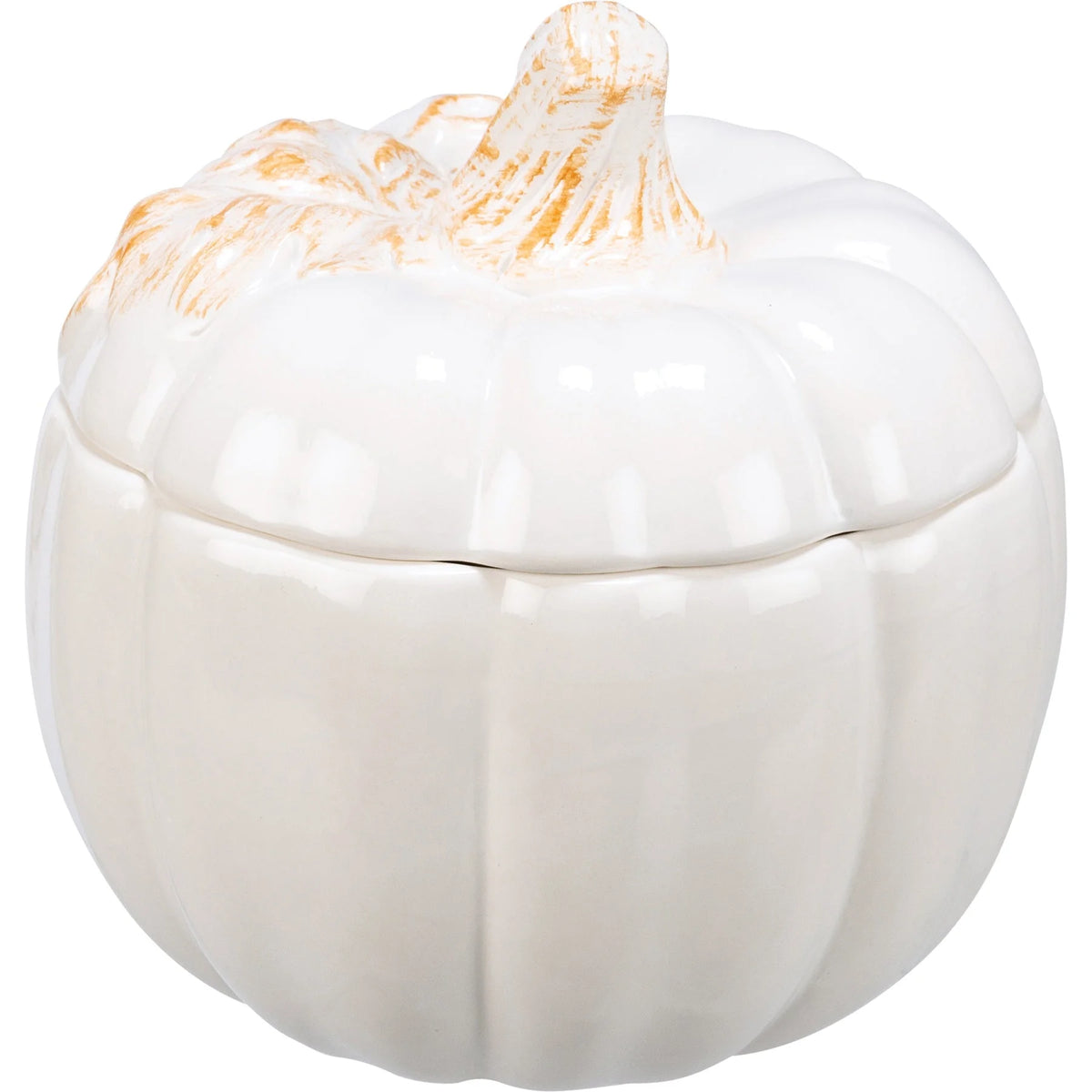 White ceramic pumpkin treat jar with gold-accented stem lid for stylish storage