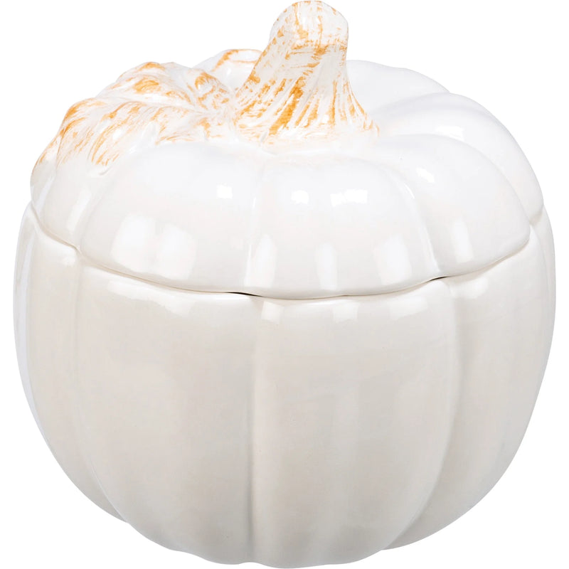 White ceramic pumpkin treat jar with gold-accented stem lid for stylish storage