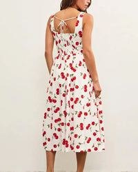 White cherry-print sleeveless midi dress from GATHERED FRONT SLEEVELESS MIDI DRESS collection