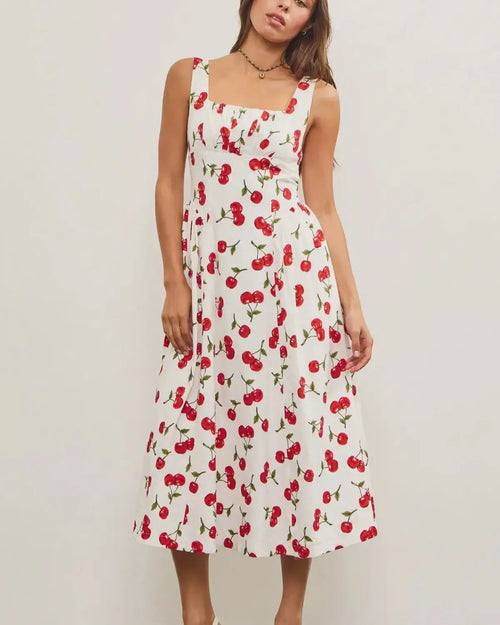 White cherry-print sleeveless midi dress featured in GATHERED FRONT SLEEVELESS MIDI DRESS