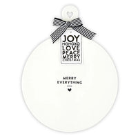 White ceramic cheese tray with Merry Everything ornament and striped bow design