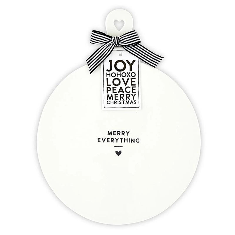 White ceramic cheese tray with Merry Everything ornament and striped bow design