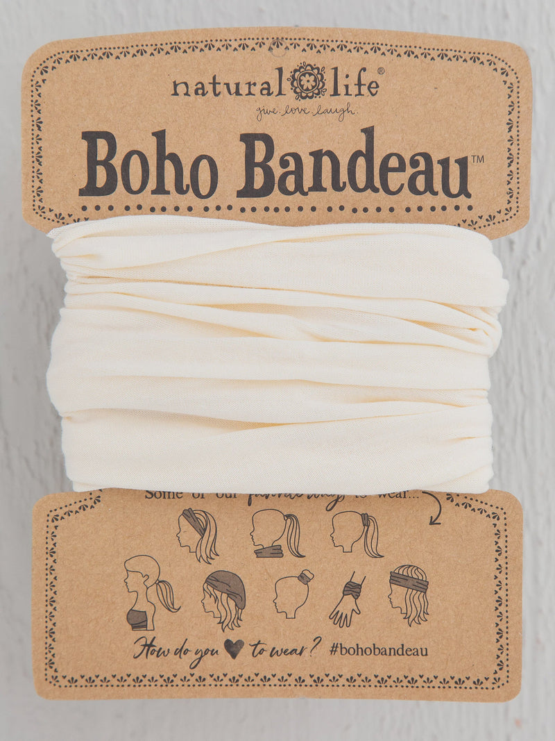 White cotton boho bandeau headband with brown label, FULL BOHO BANDEAU HEADBAND - CREAM