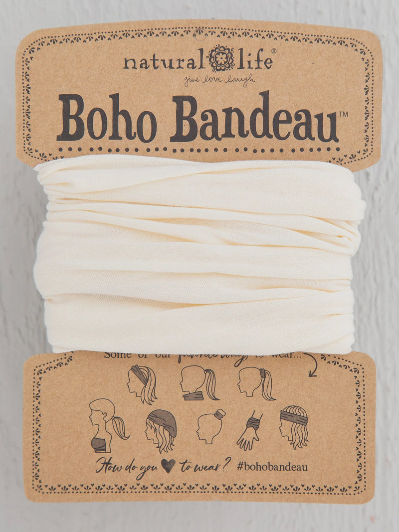 White cotton headband with brown label from FULL BOHO BANDEAU collection