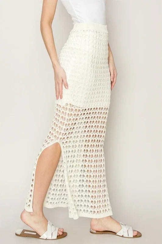 White Open Knit Crochet Maxi Skirt with Side Slit for a Flowy Boho Free Spirit Look