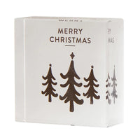 White cube-shaped box featuring Merry Christmas and tree designs for Christmas themed Lucite