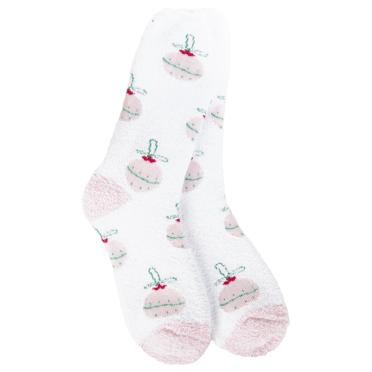 White holiday cozy crew cupcake-patterned oven mitt with pink accents