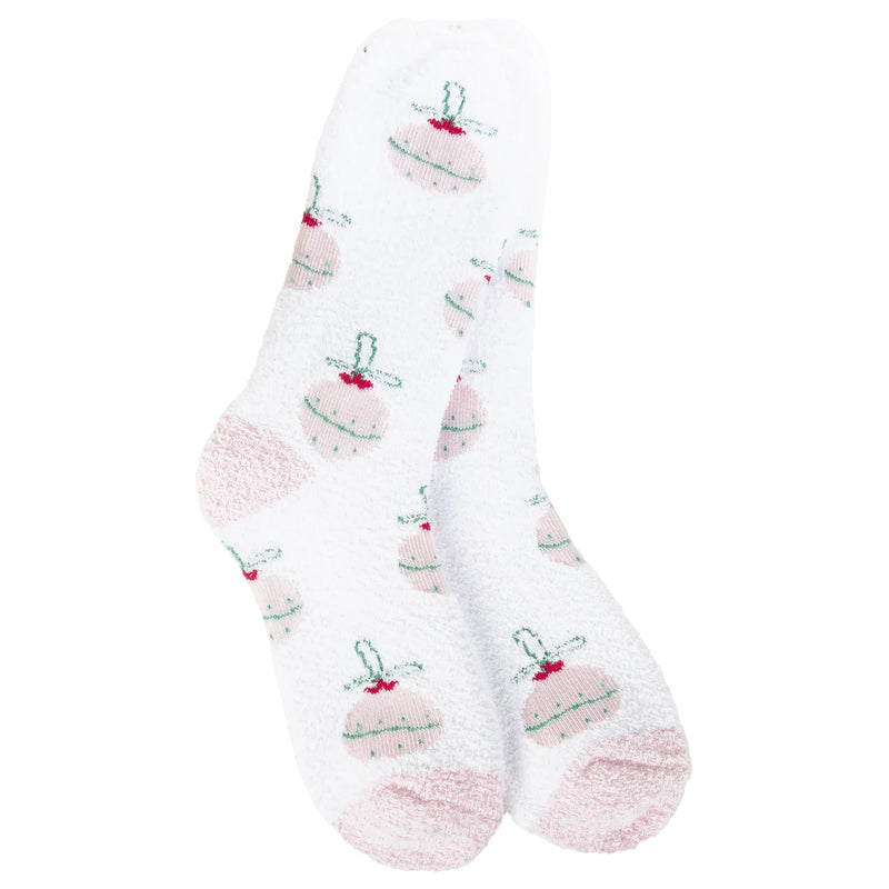 White holiday cozy crew cupcake-patterned oven mitt with pink accents