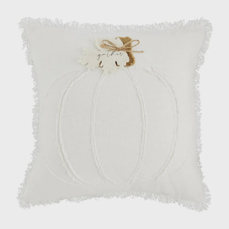 Square White Pumpkin Pillow featuring an embroidered pumpkin design and bow accent