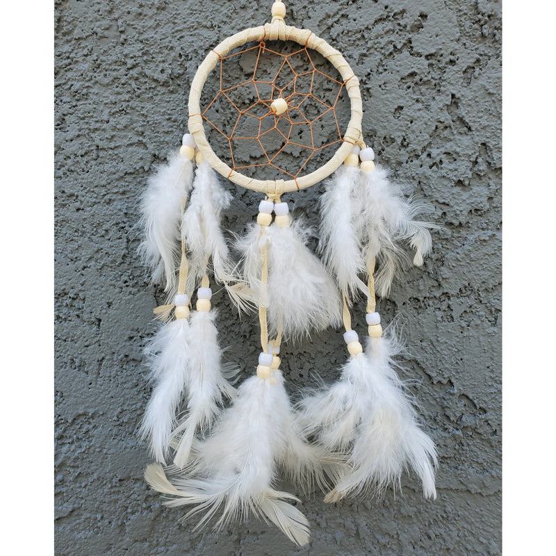 Elegant white Mini Dream Catcher with feathers, beautifully displayed on a wall