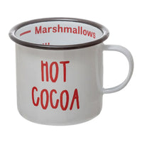 White enamel mug with black rim featuring red ’HOT COCOA’ and marshmallows inside