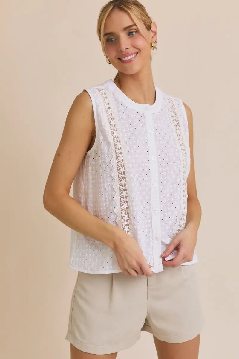White eyelet sleeveless top from ROUND NECK LACE TRIM DETAIL BUTTON UP EYELET TOP, perfect for women’s boho chic clothing and shop Daisy collections