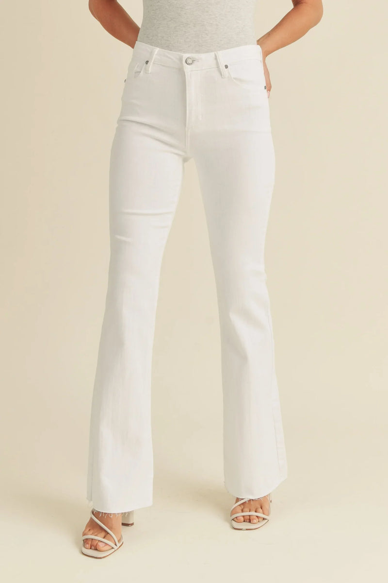 White Mid Rise Flare Denim Jeans featuring a stylish high-rise waist for a modern look