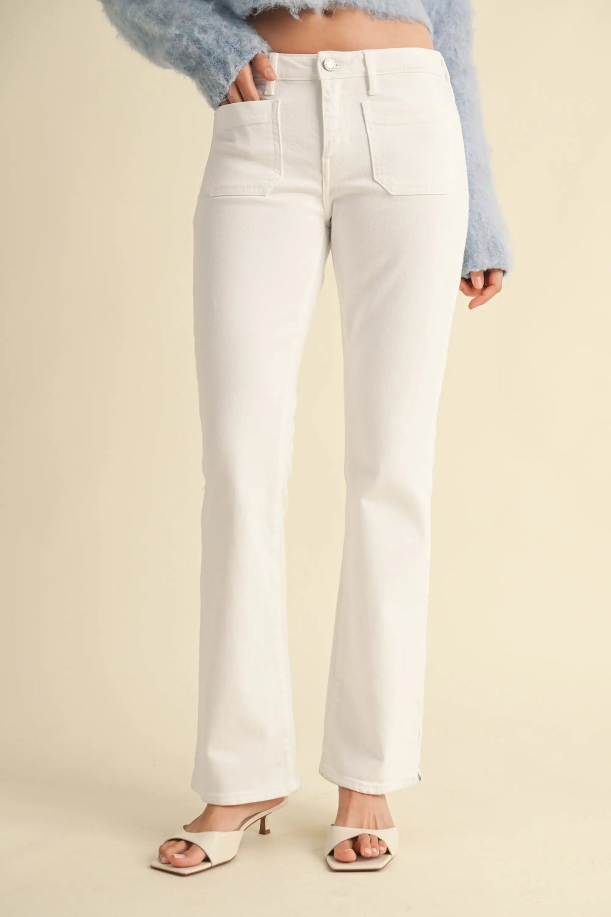 White flared MINI PATCH POCKET BOOTCUT DENIM JEANS for women’s boho chic clothing