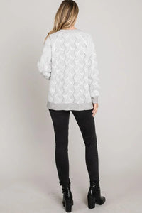 White fluffy sweater with textured pattern, part of Women’s Boho Chic Clothing from Shop Daisy