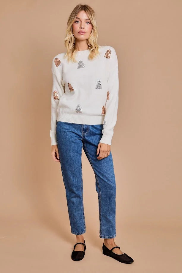 White fuzzy sweater with tree designs from Shop Daisy, perfect for women’s boho chic clothing